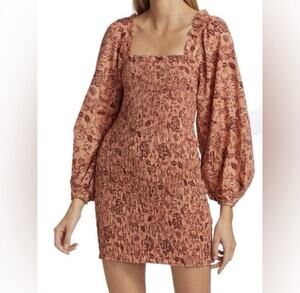Free People Smock It To Me Mini Dress Size M Peach Floral Cottagecore Boho